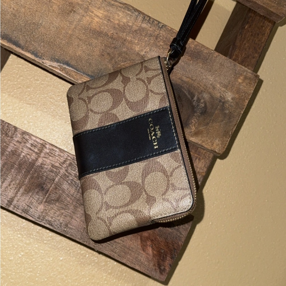 Coach Tan and Black Signature Wristlet